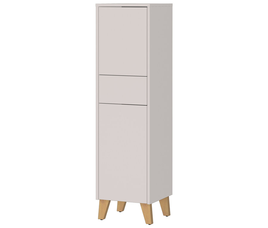 Ein schmaler, hellgrauer Badezimmerschrank mit einer Schublade und einer Tür steht auf vier Holzfüßen.
