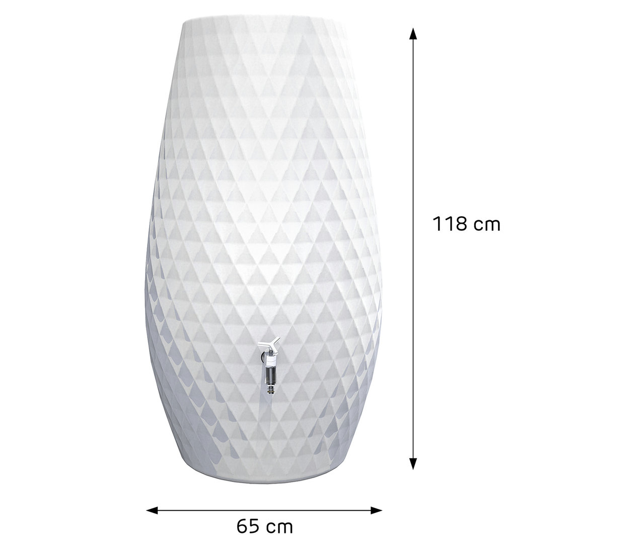 Ein weißer Wasserbehälter mit geometrischem Muster und einem Hahn, daneben Maßangaben.