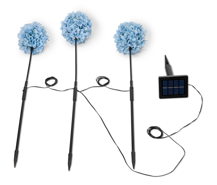 Drei blaue Hortensien-Solarleuchten mit schwarzem Kabel und Solarpanel auf weißem Hintergrund.