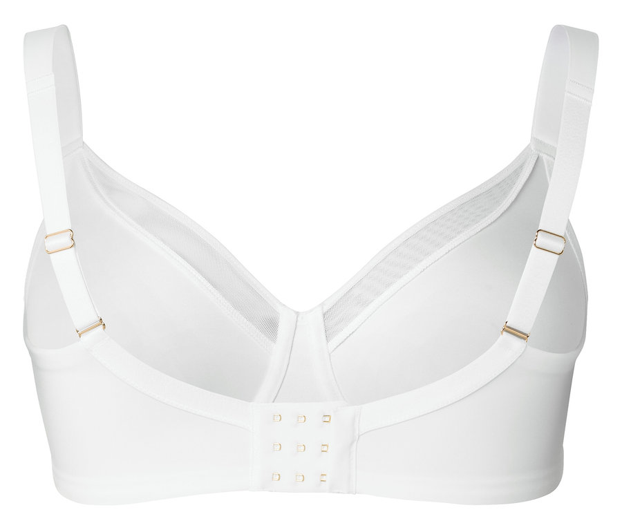 Weißer BH mit verstellbaren Trägern und Hakenverschluss hinten.