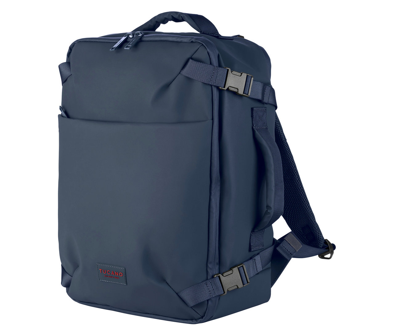 Blauer Tucano TUGO DRY Kabinenrucksack mit 15,6-Zoll-Laptopfach im Hochformat, mit Tragegriff, Schnallen und Schultergurten.