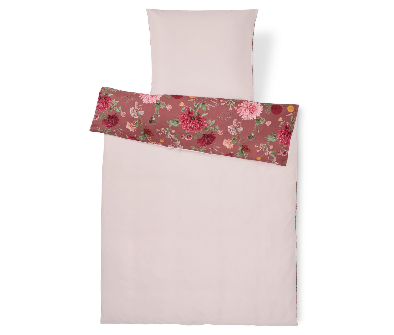 Hellrosa Bettwäsche mit Blumenmuster.