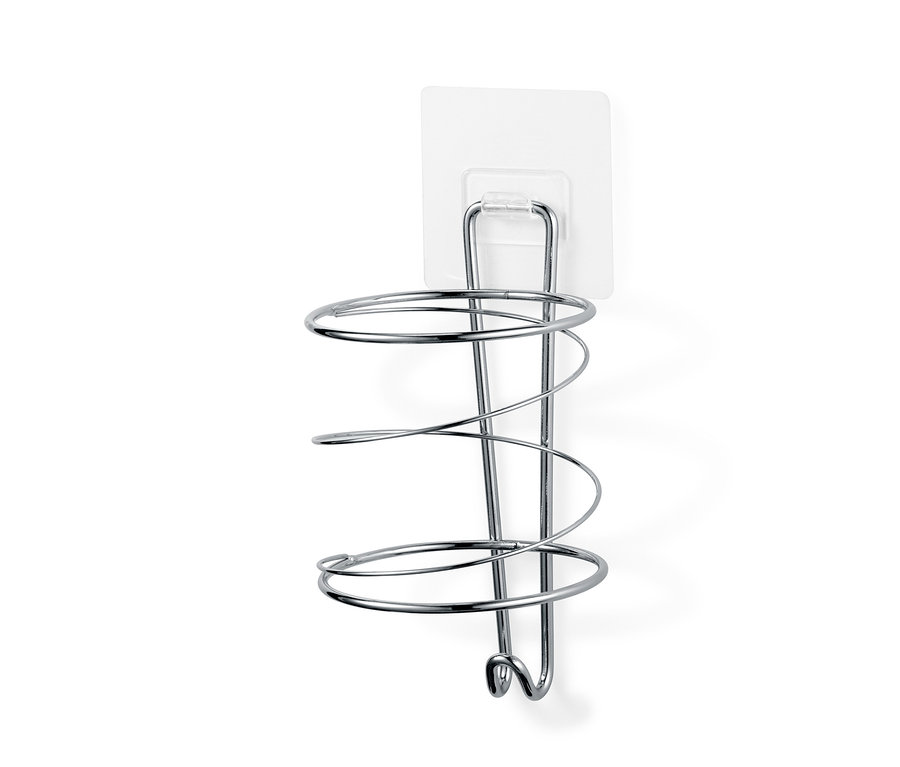 Ein silberner Haartrockner-Halter ist an einer weißen Wand befestigt.