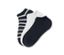 Drei Paar Basic Sneakersocken: gestreift, weiß und dunkelblau.
