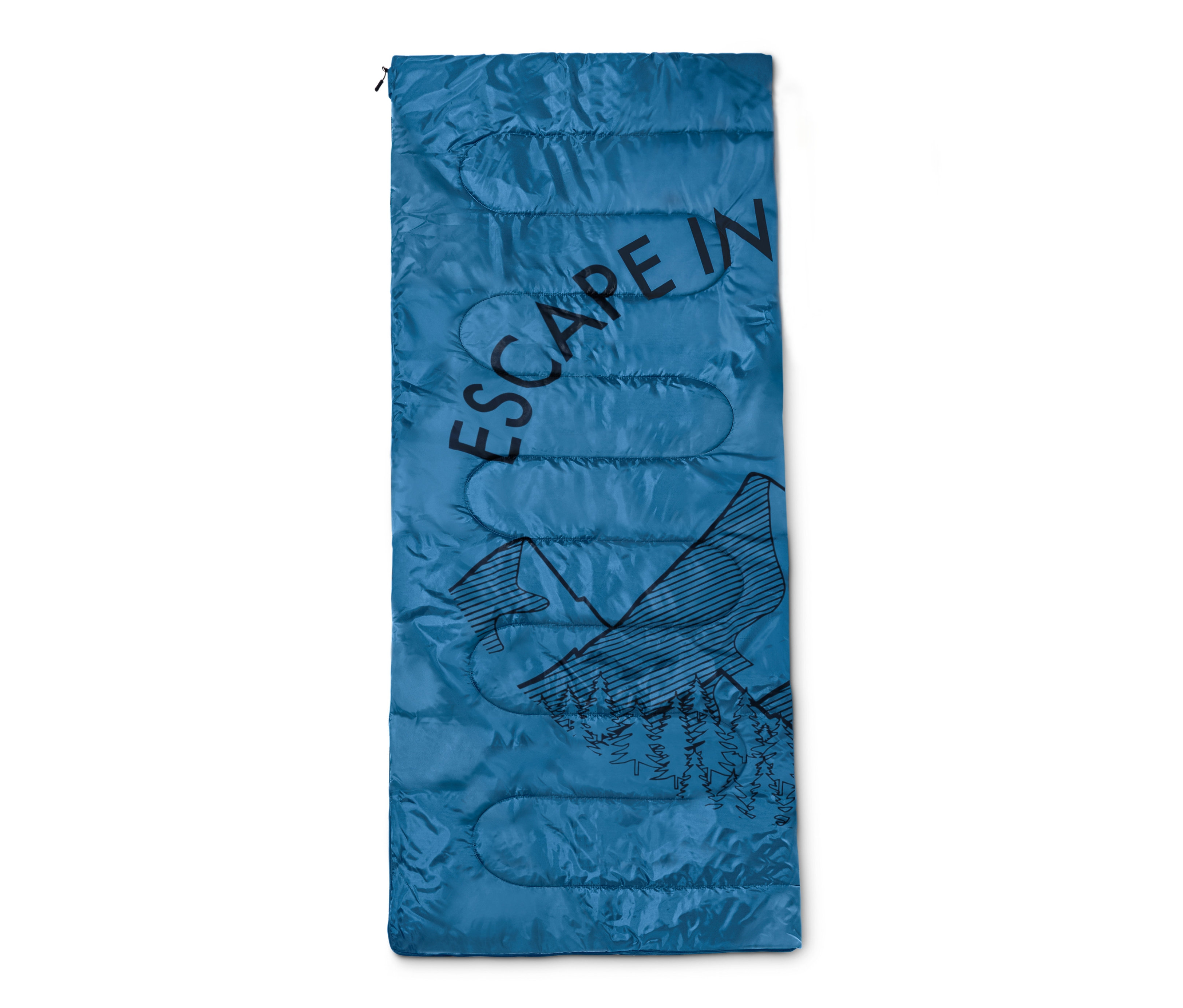 Blauer 4-in-1-Decken-Schlafsack mit Berg- und Baumgrafik.