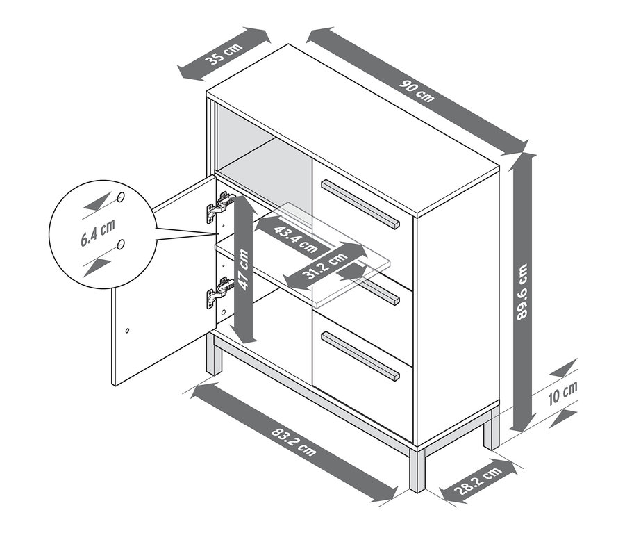 Abmessungen des geöffneten Bad-Sideboards »Eklund«.