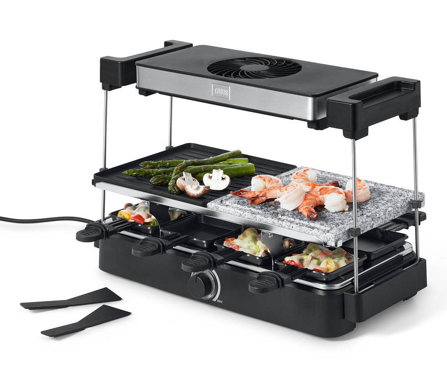 Trebs Raclette mit Dunstabzug und Steinplatte mit Garnelen, Spargel und Champignons.