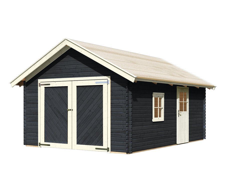 Foto von einer Karibu Premium-Blockhausgarage mit Satteldach, 40 mm, (Geert).