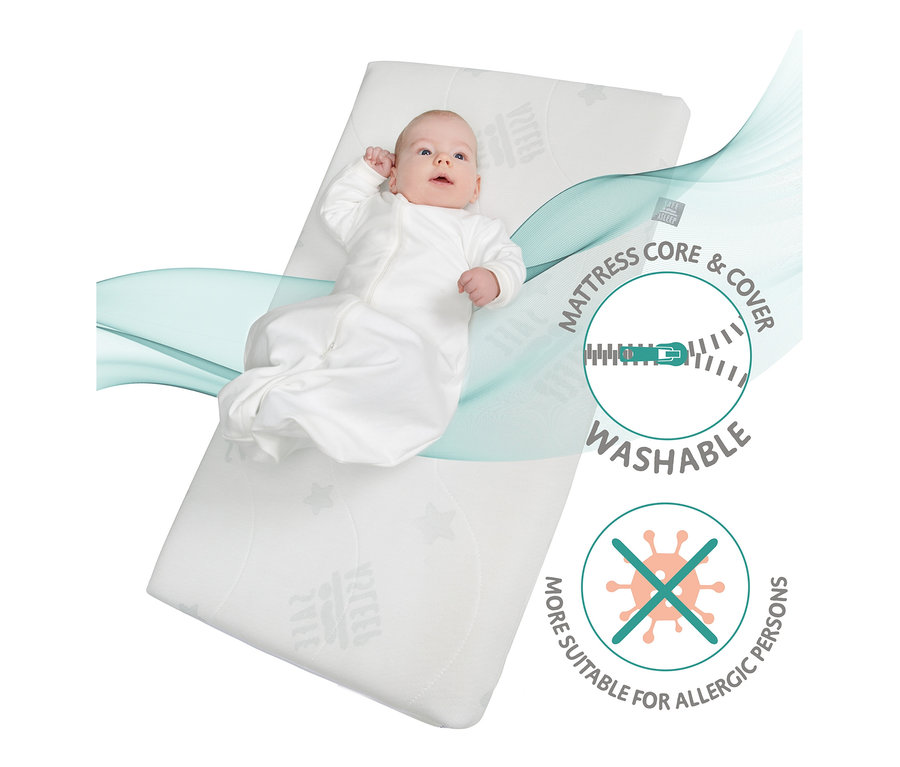 Baby liegt auf der weißen roba 2-in-1-Beistellbett »safe asleep®« Matratze.