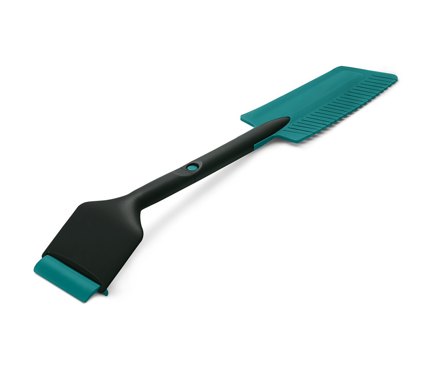 Ein 3-in-1-Auto-Eiskratzer-Schneefeger in Schwarz und Türkis auf weißem Hintergrund.