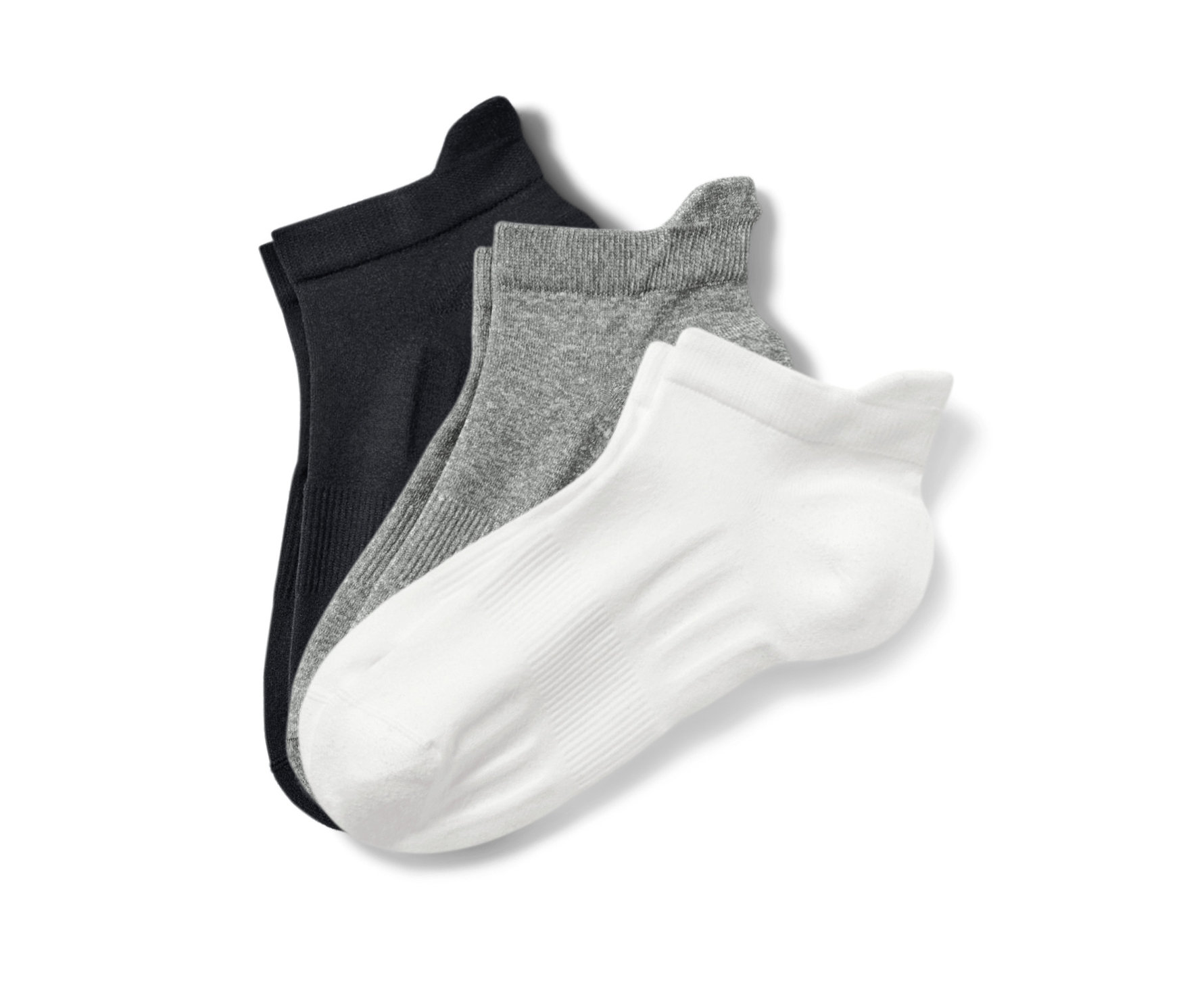 Drei Paar Unisex-Profi-Laufsocken in Schwarz, Weiß und Grau.