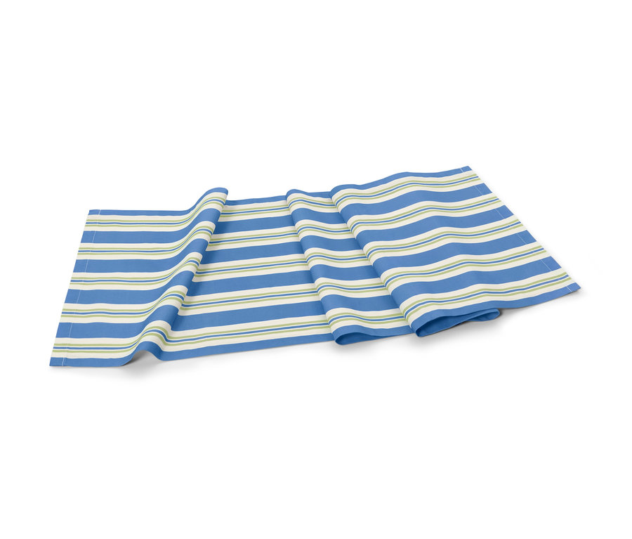 Gestreifter Baumwoll-Tischläufer in Blau, Creme und Grün.