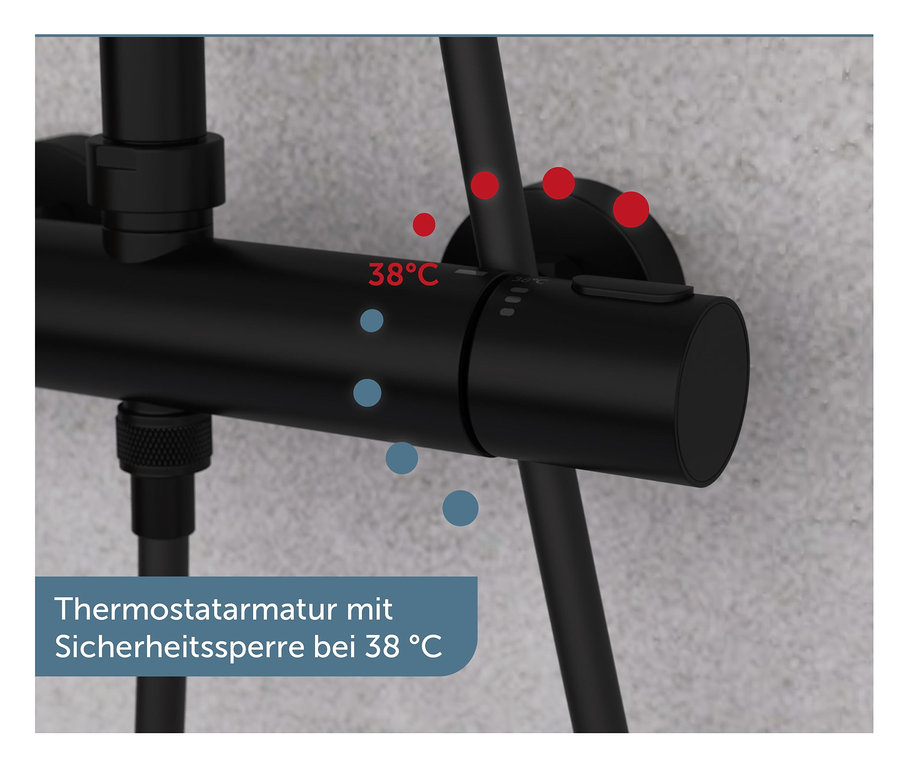 Detailansicht des schwarzen Duschsystems »AQUADUCT«.