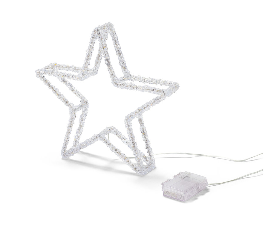 Ein LED-Dekostern steht auf einem weißen Hintergrund.