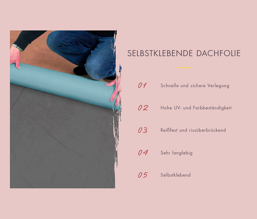 Eine Person rollt eine Rolle selbstklebende Dachfolie in Grau aus.