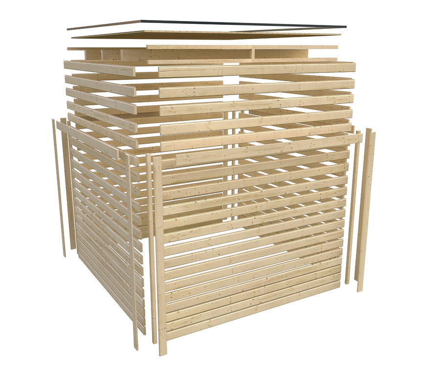 Explosionszeichnung des Karibu Saunahauses »Alice 1«, anthrazit.