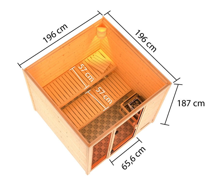 Draufsicht auf Karibu Sauna »Ciera« mit Maßangaben.
