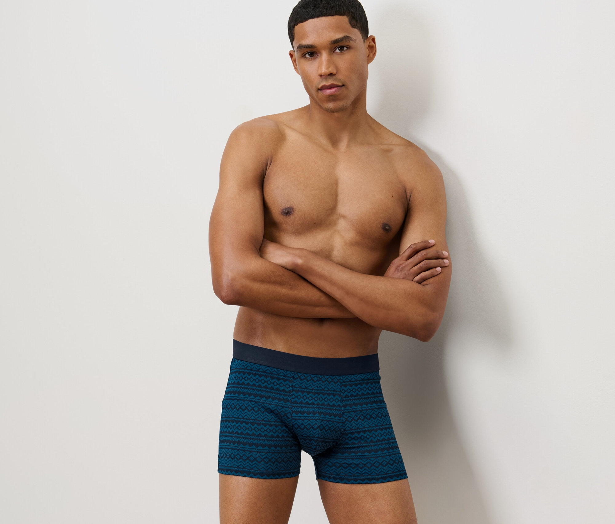 Mann posiert mit verschränkten Armen und trägt 2 Slipboxer, Norweger.