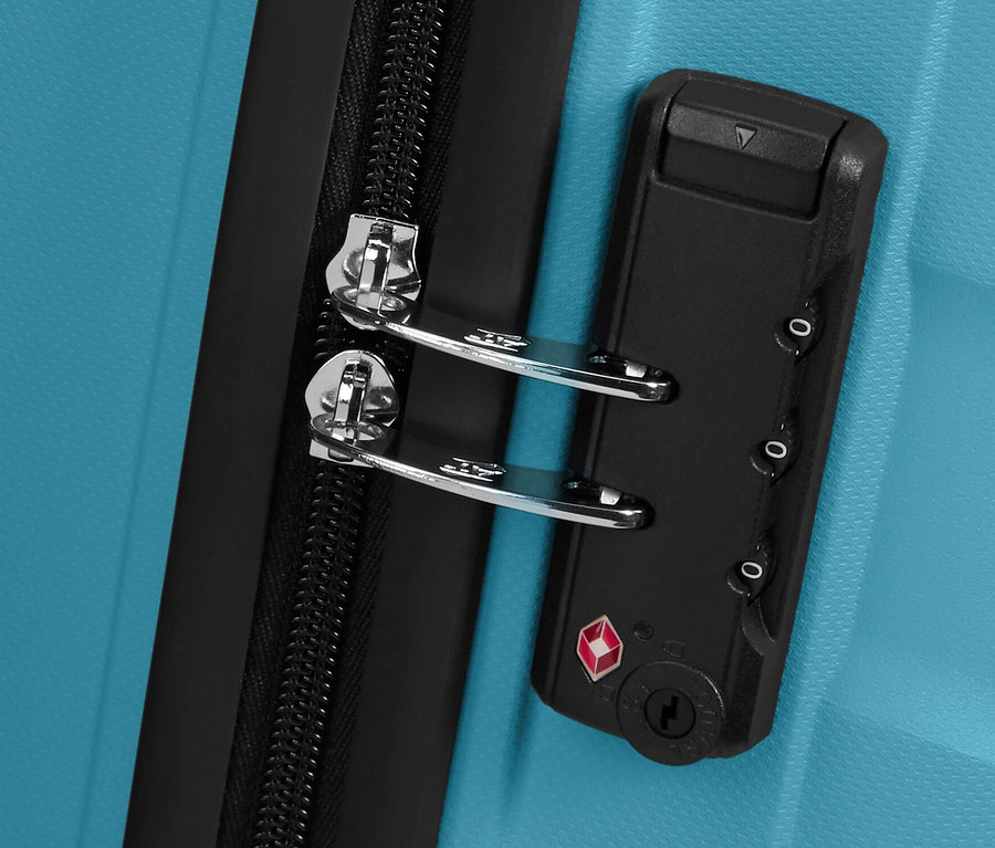 Detailansicht eines hellblauen American Tourister »Jetdriver 3.0« Koffers mit schwarzem Reißverschluss und Zahlenschloss.