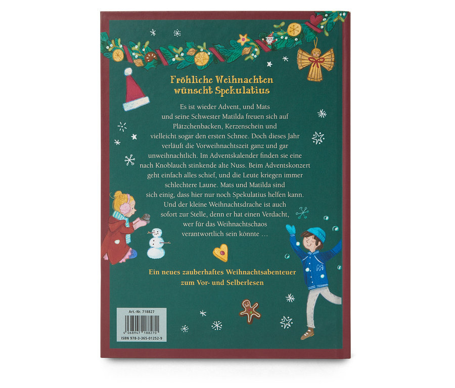 Bild der Rückseite eines Weihnachtsbuchs. Illustrationen zeigen Kinder, einen Schneemann und Weihnachtsdekorationen.