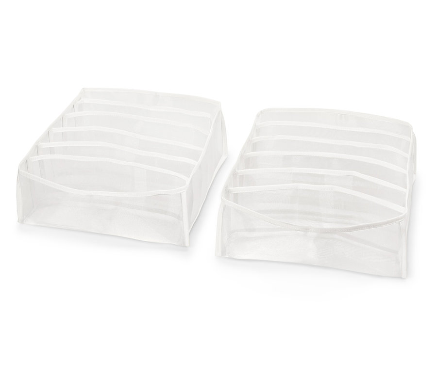 Zwei weiße Schubladen-Organizer mit Fächern auf weißem Hintergrund.