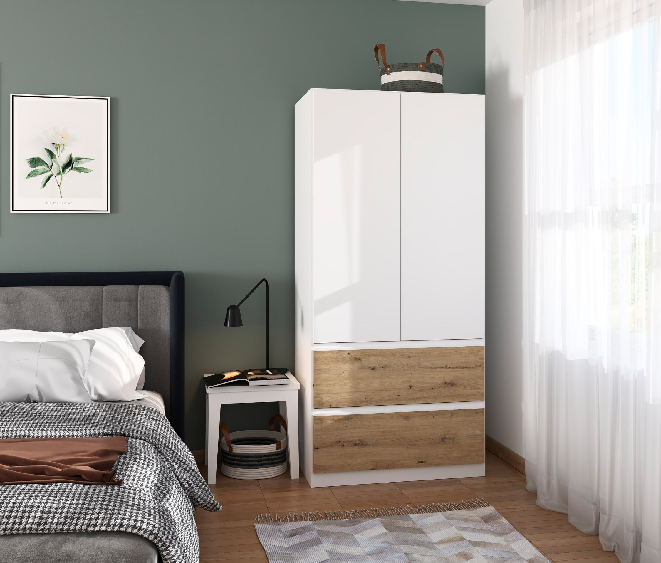 Schlafzimmer mit rauch Kleiderschrank »Joel«, 2 Türen und 2 Schubladen, weiß/Eiche Artisan.