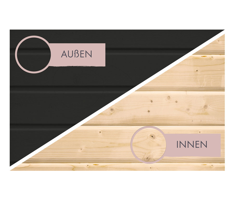 Karibu Saunahaus »Gwen«, klein, in Schwarz und Naturholz dargestellt, Außenseite schwarz, Innenseite Naturholz.