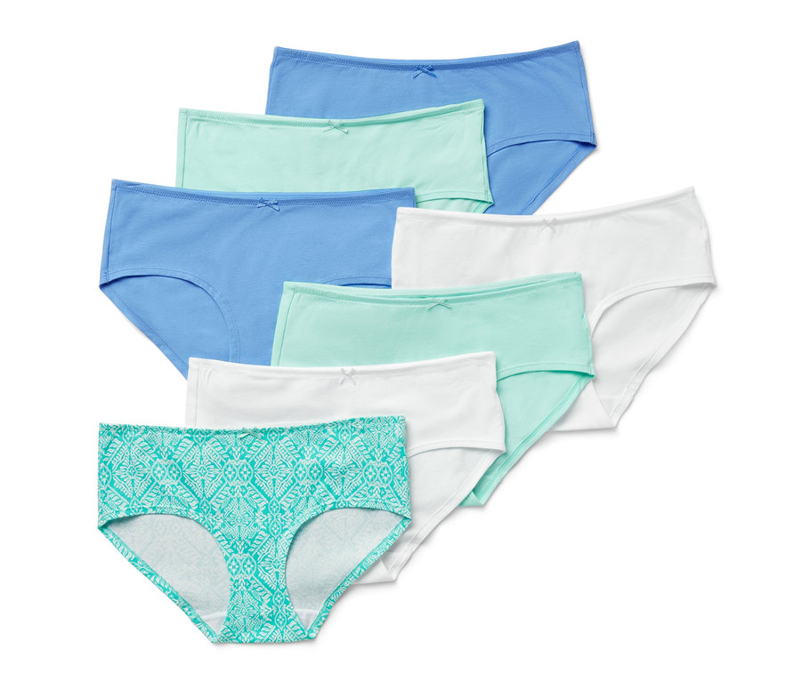 Sieben Pantys in verschiedenen Farben. Einige sind blau, grün und weiß. Eine ist türkis mit Muster.