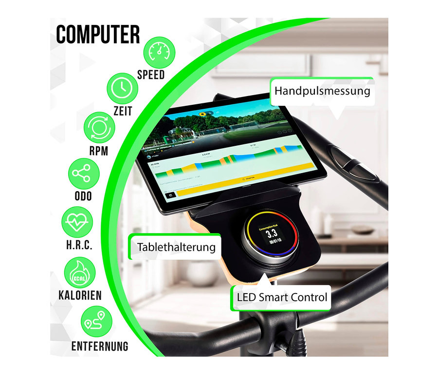 Nahaufnahme eines Heimtrainer Ergometers »ET 3.1« mit Tablethalterung und LED-Anzeige.