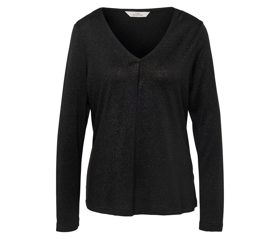 Schwarze, langärmlige Bluse mit V-Ausschnitt.