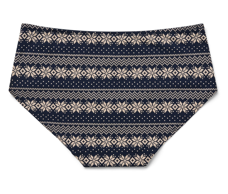 Damen-Unterhose mit Weihnachtsmuster auf dunkelblauem Hintergrund.