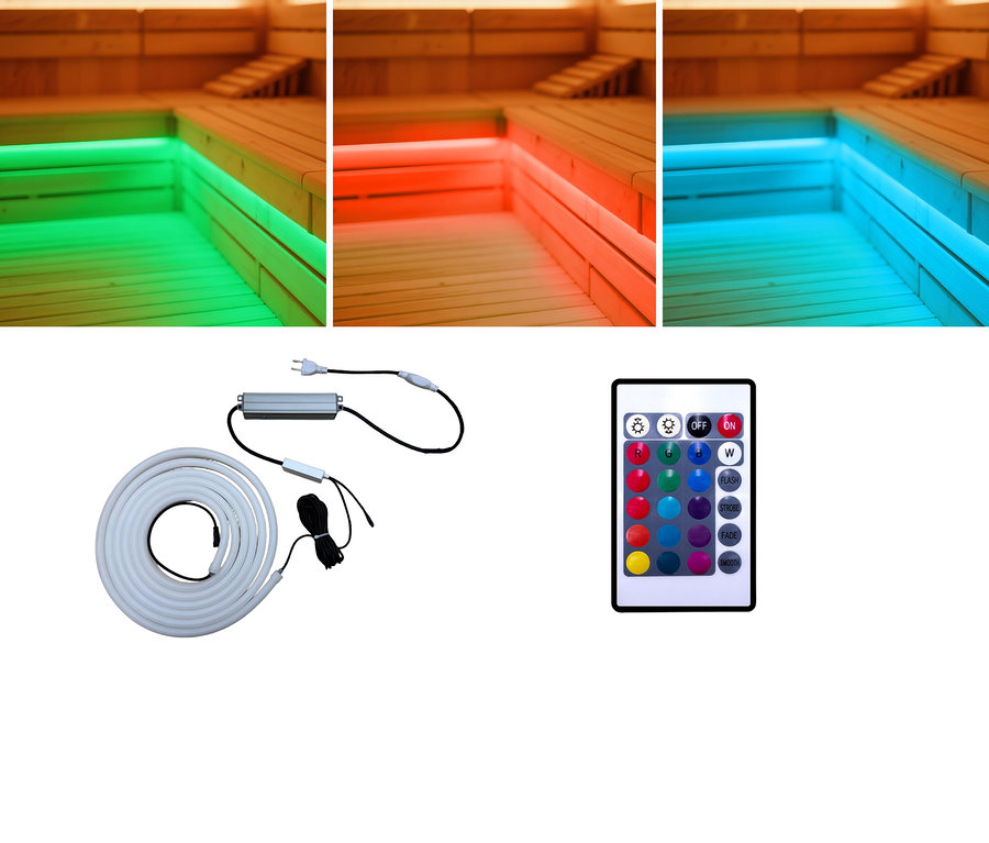 Beleuchtete Holzsaunen mit grünem, rotem und blauem Licht sowie LED-Streifen und Fernbedienung.