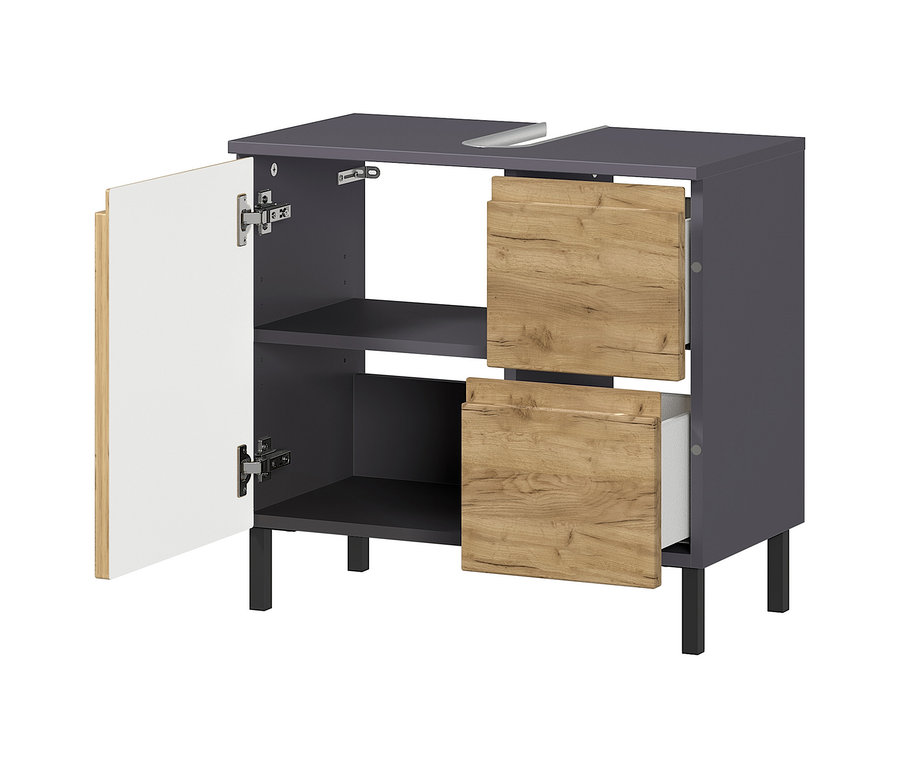 Waschbeckenunterschrank »Salinas«, klein, graphit/eiche, mit offener Tür und zwei Schubladen.