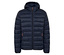 Marineblaue Steppjacke mit Kapuze und orangefarbenen Reißverschlussdetails.