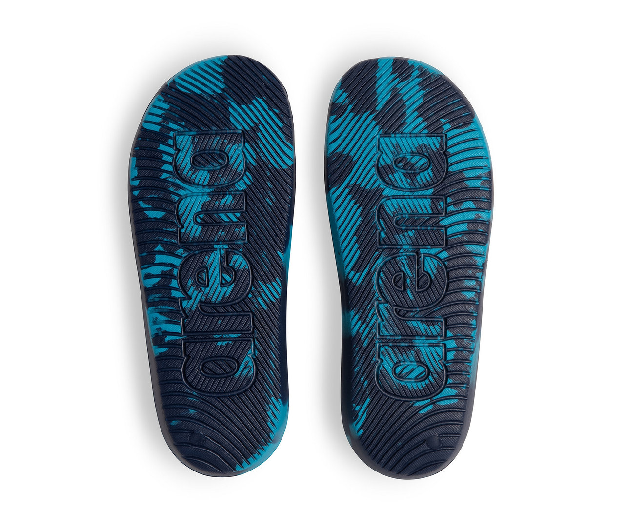 Zwei arena Kinder-Badesandalen Junior Urban Active, navy, liegen nebeneinander.