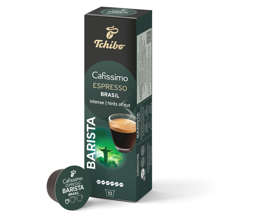 Eine Packung Cafissimo Barista Espresso Brasil - 10 Kapseln und eine einzelne Kapsel.