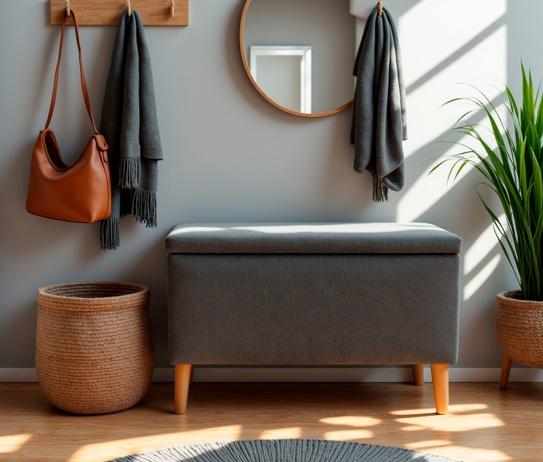 Eingangsbereich mit grauem DOMO Hocker mit Staufach, brauner Handtasche und Topfpflanze.