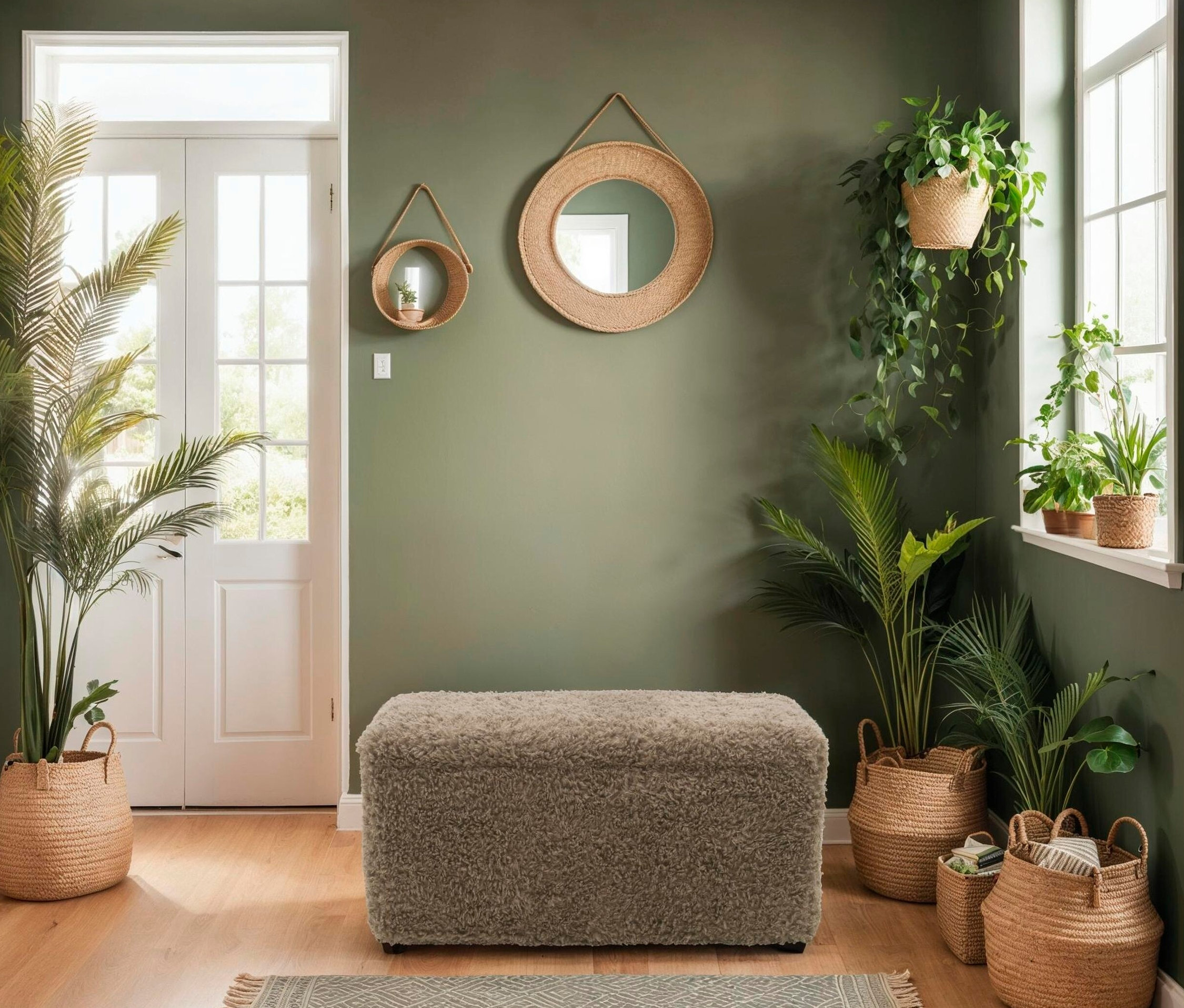 Wohnzimmer mit einem braunen, zotteligen DOMO Hocker mit Stauraum, runden Spiegeln und Pflanzen in geflochtenen Körben.