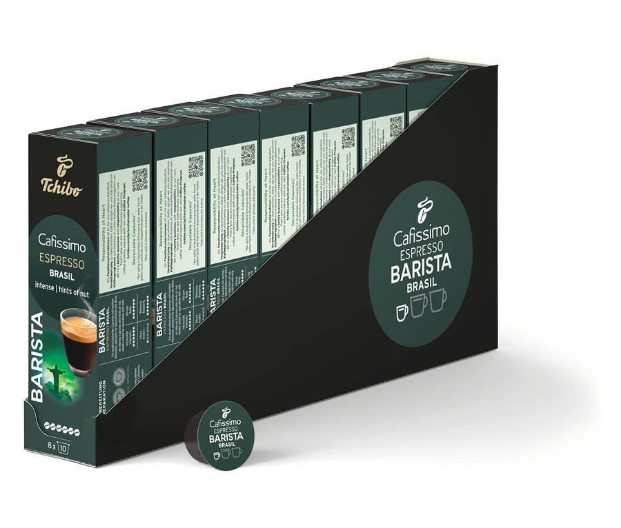 Eine Reihe von Cafissimo Barista Espresso Brasil - 80 Kapseln Packungen.