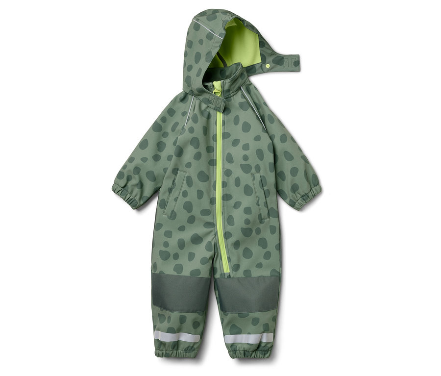 Ein grüner Overall mit Kapuze und dunkelgrünen Punkten, gelbem Reißverschluss und hellgrüner Kapuzeninnenseite.