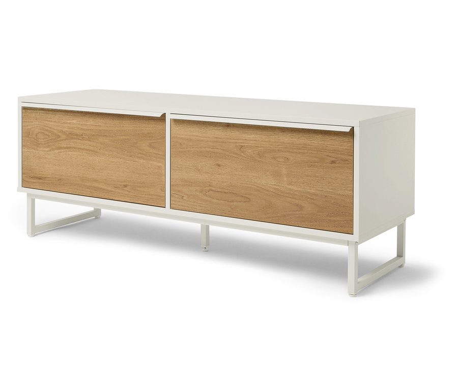 Weißes TV-Lowboard mit zwei Holzschubladen.