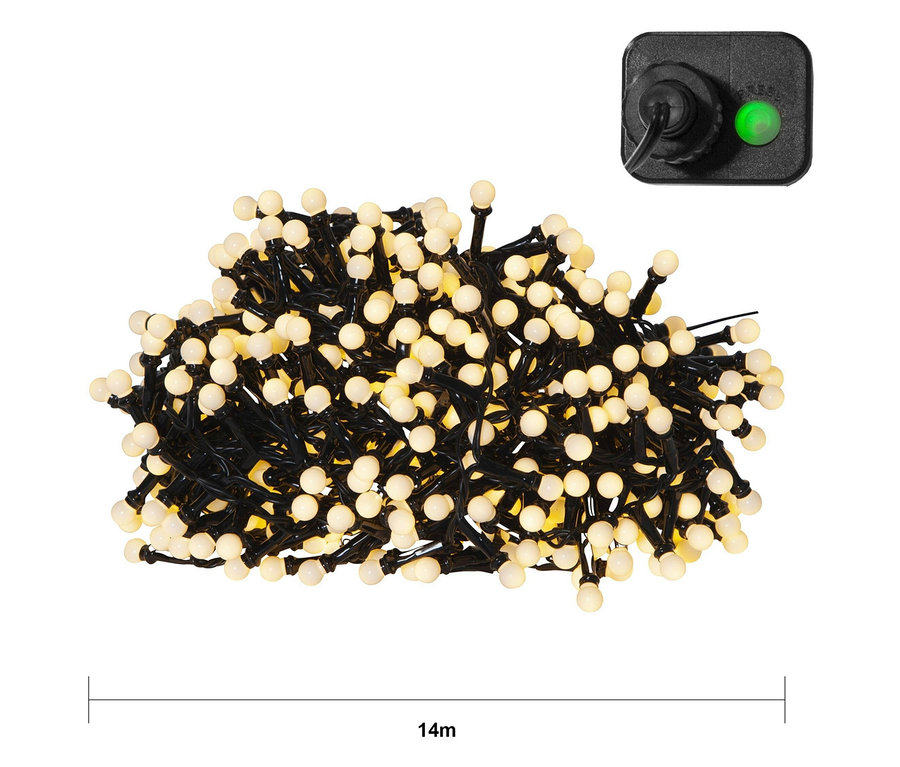 Eine 14 Meter lange, schwarze Lichterkette mit kleinen, runden, weißen Glühbirnen und einem Netzteil.