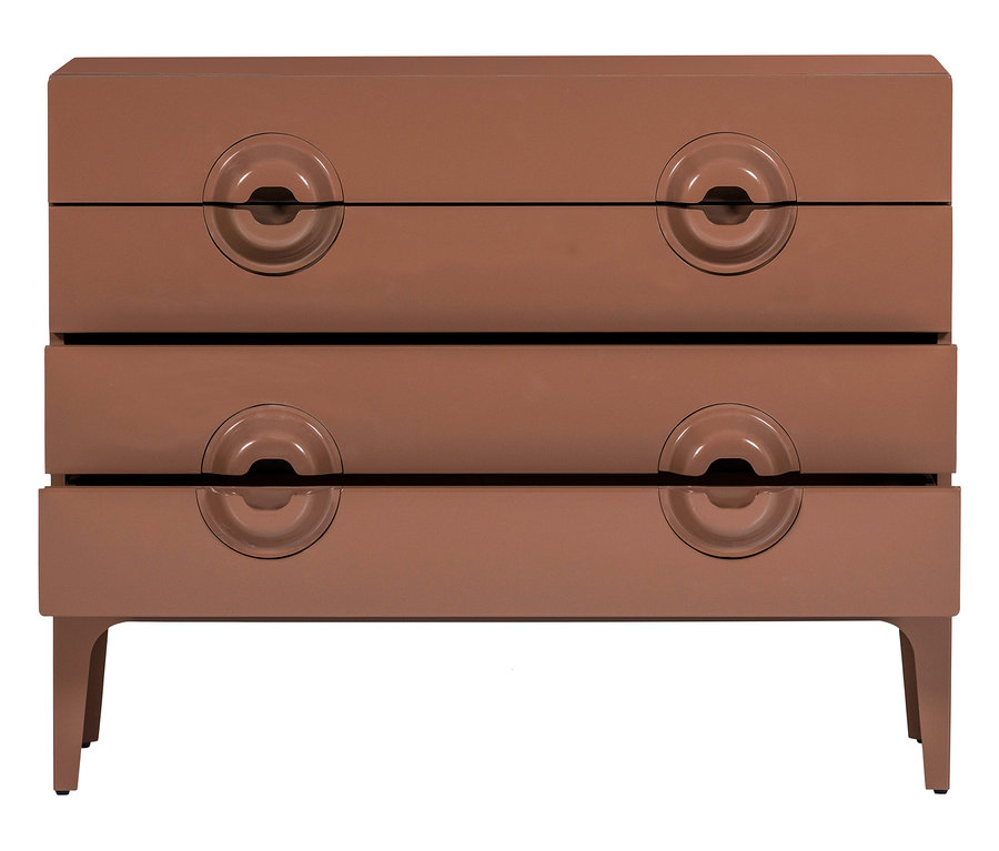 Die braune WOOOD Kommode »Merge« hat zwei Schubladen mit runden Griffen und steht auf Füßen.