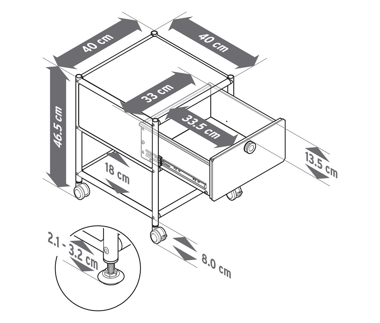 Draufsicht einer Schemazeichnung eines Beistelltischs mit Schublade Metall »CN3« in Grau und Schwarz mit Maßangaben.