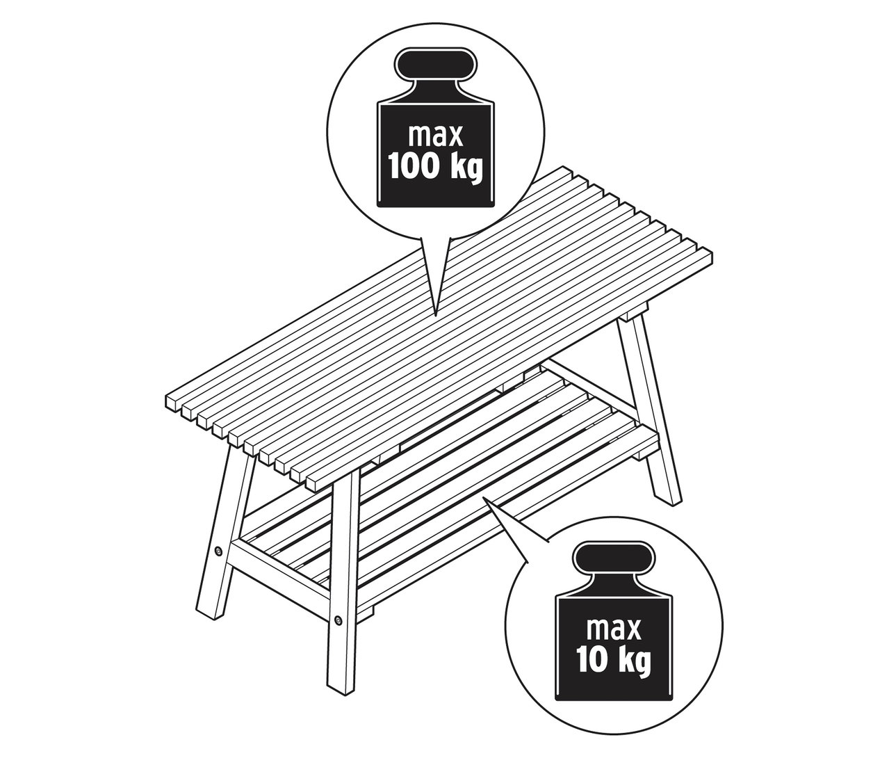 Illustration einer Bank »HOLT« aus Bambus mit Lamellenelementen, maximale Belastung oben 100 kg, unten 10 kg.