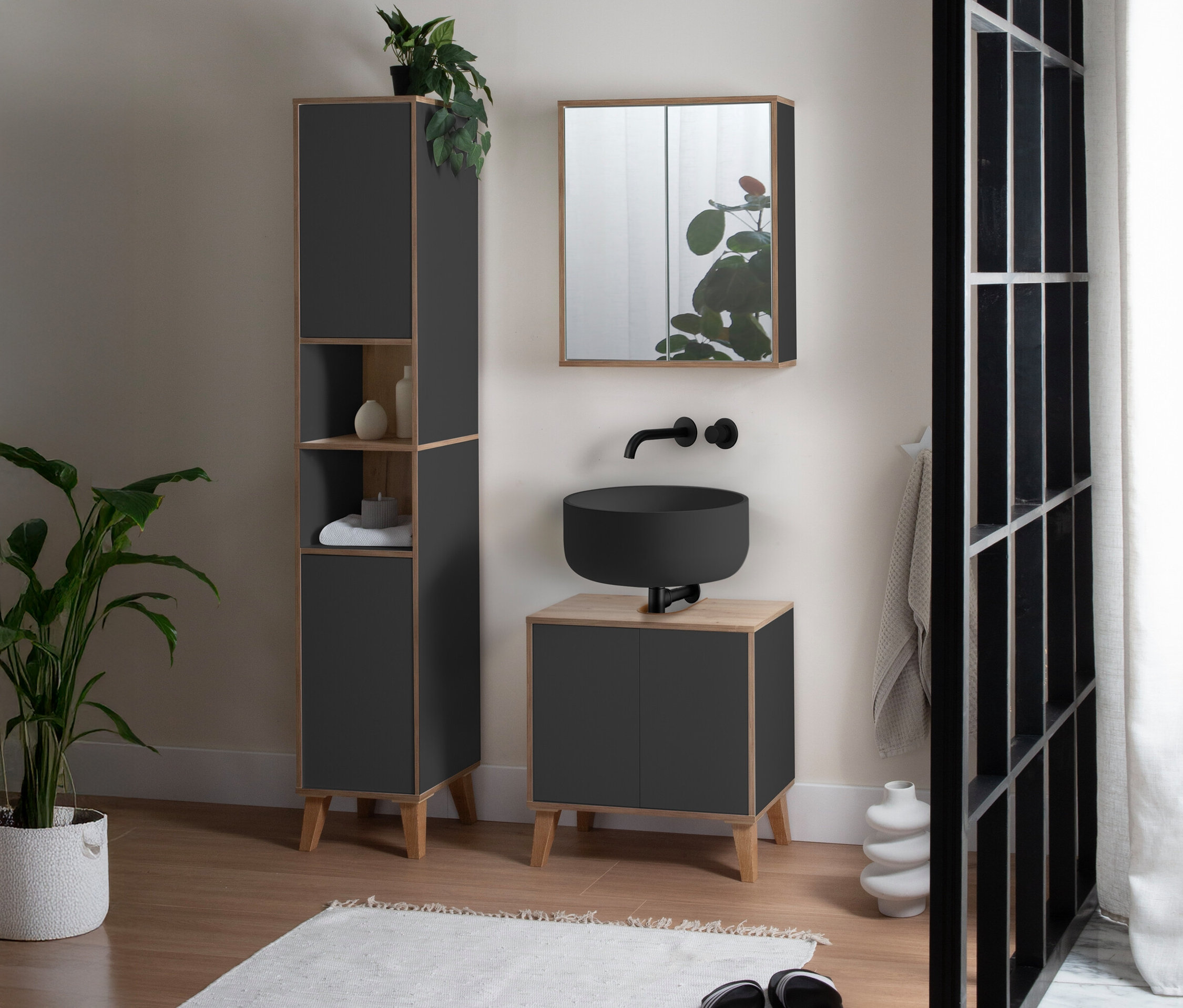 Badezimmer mit Roba Hochschrank »Morena« in Weiß mit Artisan-Eiche, Waschbeckenunterschrank »Morena« in Basaltgrau und Artisan-Eiche, rundem Waschbecken und Spiegel.