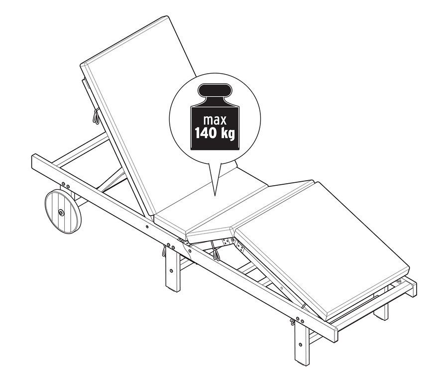 Eine klassische Gartenliege mit einem Hinweis auf ein maximales Gewicht von 140 kg.