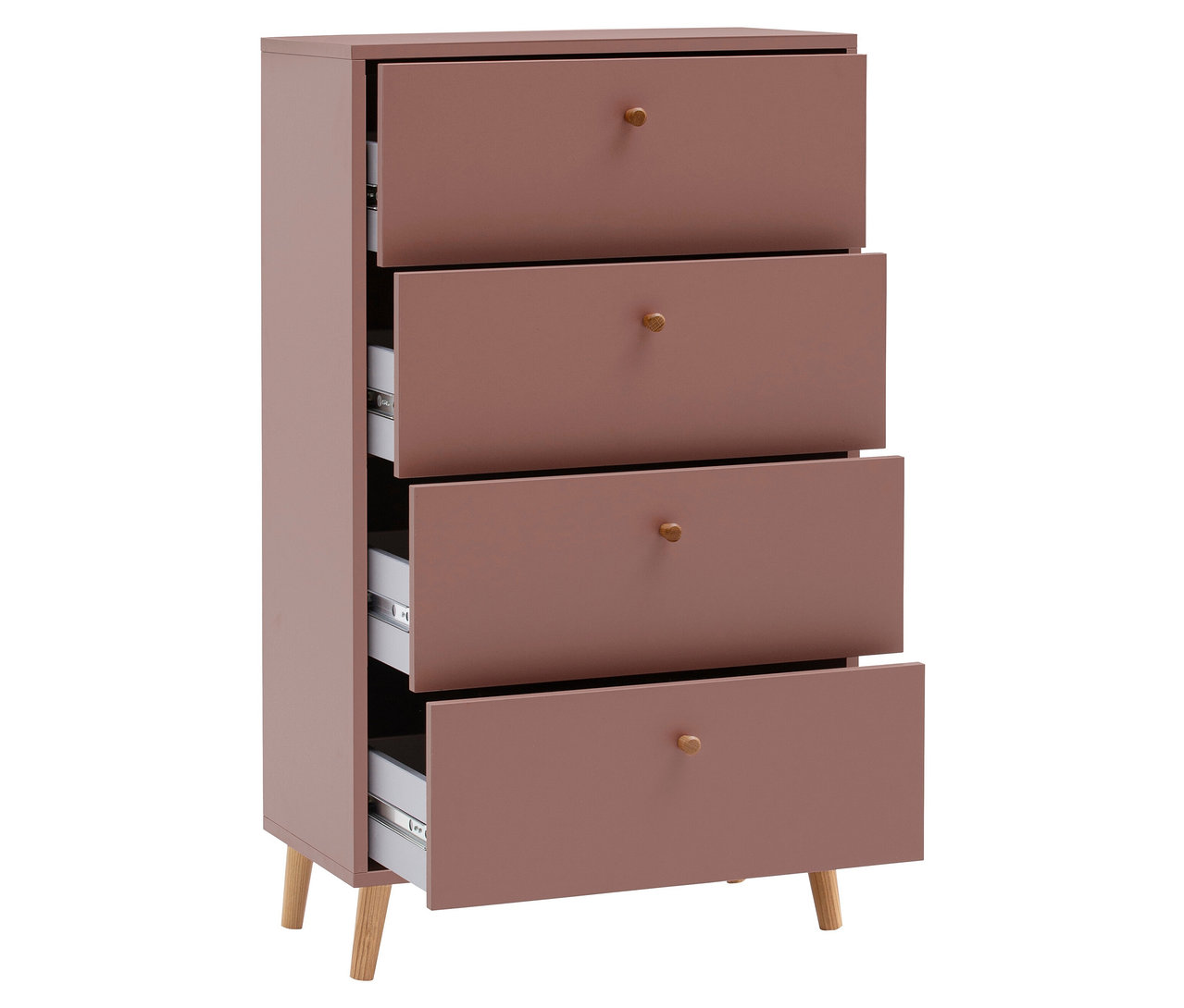 Die Kommode »Bjarne« in Mauve hat vier Schubladen, von denen zwei geöffnet sind.
