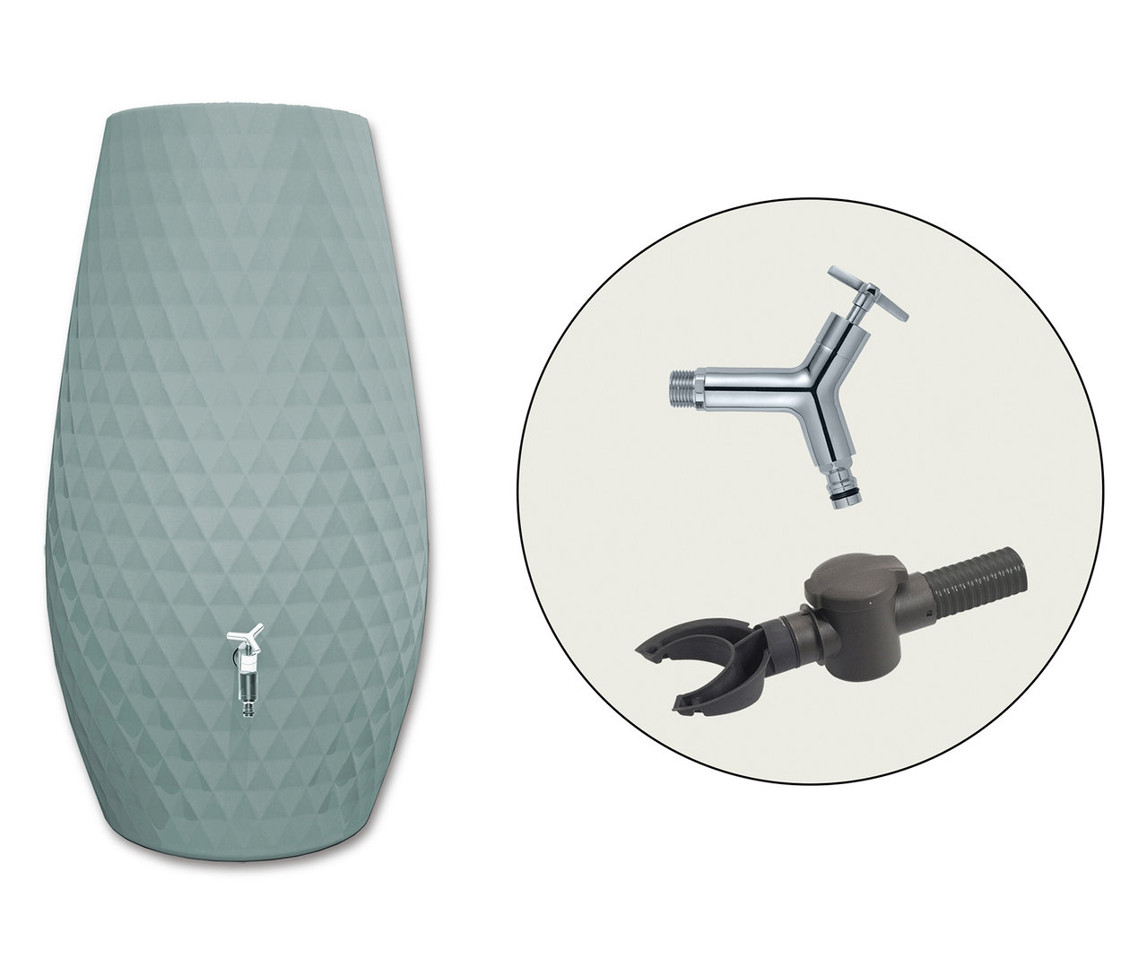 GARANTIA Triagon 2-in-1-Regenspeicher-Set, 230 l, Agave ist links neben einem Wasserhahn und einem grauen Verbindungsstück abgebildet.
