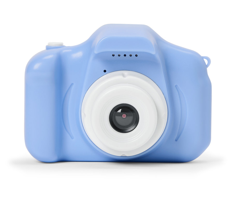 Blaue Digitalkamera mit weißem Objektiv